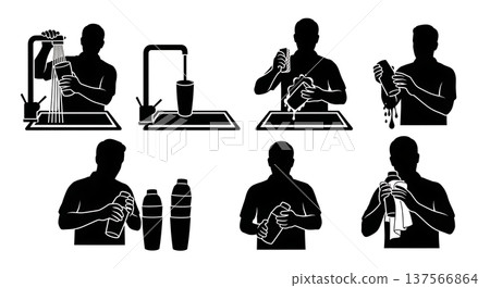 Black Solid Bartenders Washing Shakers Set of Six on White Background Black Solid Bartenders Washing Shakers Set of Six on White Background 137566864