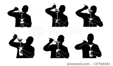 Black Solid Bartenders Using Hawthorne Strainers Set of Six on White Background Black Solid Bartenders Using Hawthorne Strainers Set of Six on White Background 137566881