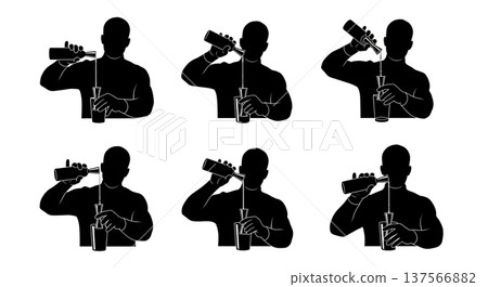 Black Solid Bartenders Using Jiggers Set of Six on White Background 137566882