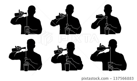 Black Solid Bartenders Using Jiggers Set of Six on White Background Black Solid Bartenders Using Jiggers Set of Six on White Background 137566883