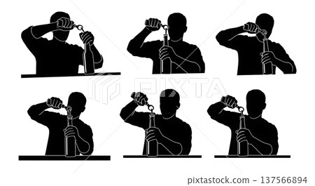 Black Solid Bartenders Opening Beer Bottles Set of Six on White Background 137566894