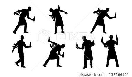 Black Solid Bartenders Throwing Bottles Behind Back Set of Six on White Background Black Solid Bartenders Throwing Bottles Behind Back Set of Six on White Background 137566901