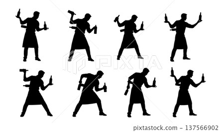 Black Solid Bartenders Throwing Bottles Behind Back Set of Six on White Background 137566902