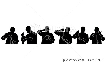 Black Solid Bartenders Stirring Hot Drinks Set of Six on White Background 137566915