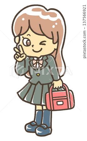 A female student in a blazer making a peace sign A female student in a blazer making a peace sign 137566921