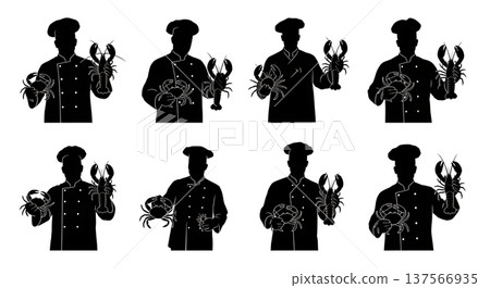 Black Solid Chef Holding Lobster Silhouettes Set of Six Black Solid Chef Holding Lobster Silhouettes Set of Six 137566935