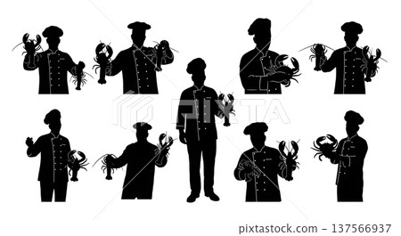 Black Solid Chef Holding Lobster Silhouettes Set of Six Black Solid Chef Holding Lobster Silhouettes Set of Six 137566937