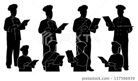 Black Solid Chef Holding Menu Silhouettes Set of Six 137566939