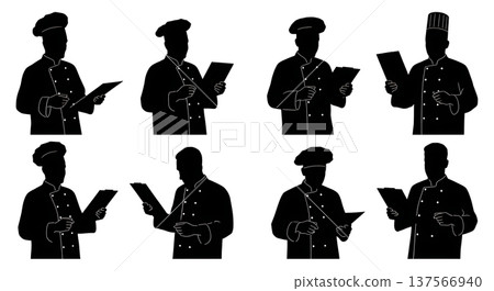 Black Solid Chef Holding Menu Silhouettes Set of Six Black Solid Chef Holding Menu Silhouettes Set of Six 137566940