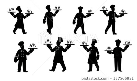 Black Solid Chef Holding Hot Tray Silhouettes Set of Six 137566951