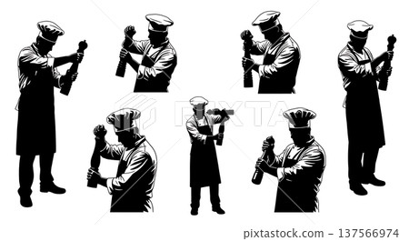 Black Solid Chef Grinding Pepper Silhouettes Set of Six 137566974