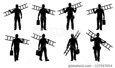 Black Solid Agents Carrying Ladder Silhouettes Set of Six Black Solid Agents Carrying Ladder Silhouettes Set of Six 137567054