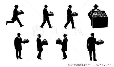 Black Solid Agents Carrying Donuts Silhouettes Set of Six 137567062