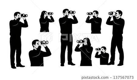 Black Solid Agents With Binoculars Silhouettes Set of Six Black Solid Agents With Binoculars Silhouettes Set of Six 137567073