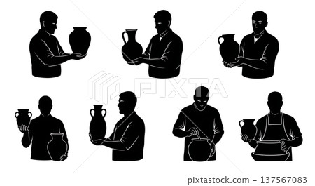 Black Solid Ceramic Showroom Potters with Vases Set of Six on White Background Black Solid Ceramic Showroom Potters with Vases Set of Six on White Background 137567083