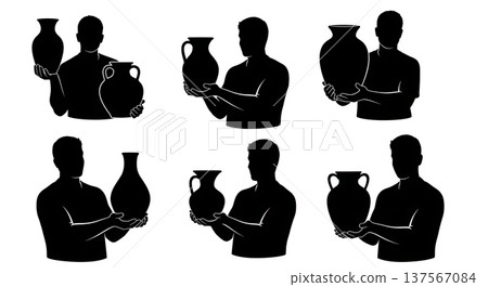 Black Solid Ceramic Showroom Potters with Vases Set of Six on White Background Black Solid Ceramic Showroom Potters with Vases Set of Six on White Background 137567084