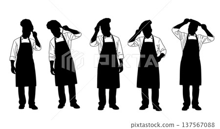 Black Solid Chef Adjusting Uniform Silhouettes Set of Six 137567088