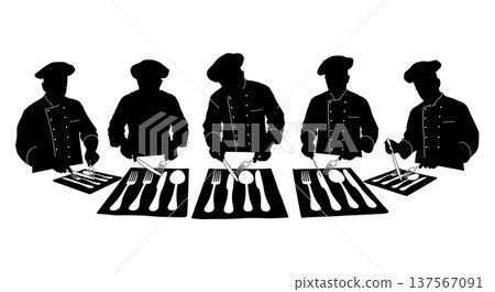 Black Solid Chef Arranging Cutlery Silhouettes Set of Six Black Solid Chef Arranging Cutlery Silhouettes Set of Six 137567091