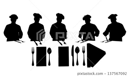 Black Solid Chef Arranging Cutlery Silhouettes Set of Six 137567092