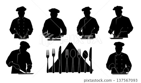 Black Solid Chef Arranging Cutlery Silhouettes Set of Six Black Solid Chef Arranging Cutlery Silhouettes Set of Six 137567093