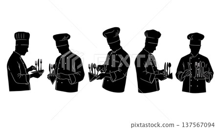 Black Solid Chef Arranging Cutlery Silhouettes Set of Six 137567094