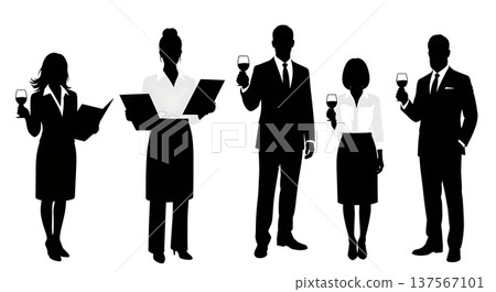 Black Solid Catering Sales Managers with Menus Set of Six on White Background Black Solid Catering Sales Managers with Menus Set of Six on White Background 137567101