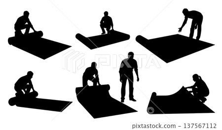 Black Solid Carpet Sales Reps Rolling Rugs Set of Six on White Background 137567112