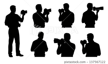 Black Solid Camera Showroom Pros with DSLRs Set of Six on White Background Black Solid Camera Showroom Pros with DSLRs Set of Six on White Background 137567122