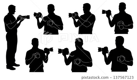 Black Solid Camera Showroom Pros with DSLRs Set of Six on White Background Black Solid Camera Showroom Pros with DSLRs Set of Six on White Background 137567123