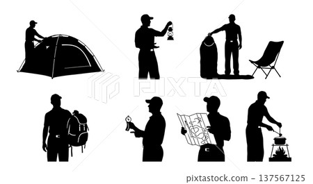 Black Solid Camping Gear Sales Reps Pitching Tents Set of Six on White Background 137567125