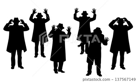 Black Solid Agents Hands Up Surrender Silhouettes Set of Six on White Background Black Solid Agents Hands Up Surrender Silhouettes Set of Six on White Background 137567149
