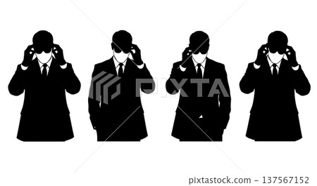 Black Solid Agents Head in Hands Silhouettes Set of Six on White Background Black Solid Agents Head in Hands Silhouettes Set of Six on White Background 137567152