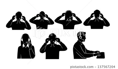 Black Solid Agents Adjusting Headsets Silhouettes Set of Six on White Background Black Solid Agents Adjusting Headsets Silhouettes Set of Six on White Background 137567204