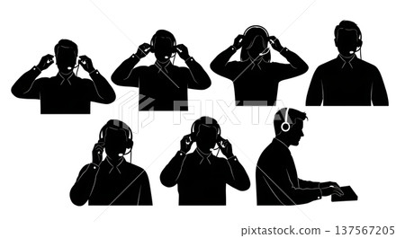 Black Solid Agents Adjusting Headsets Silhouettes Set of Six on White Background Black Solid Agents Adjusting Headsets Silhouettes Set of Six on White Background 137567205