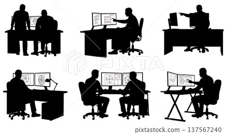 Black Solid 3D Printer Designers Checking CAD Set of Six on White Background Black Solid 3D Printer Designers Checking CAD Set of Six on White Background 137567240