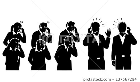 Black Solid Agents Reacting to Shouting Silhouettes Set of Six on White Background 137567284