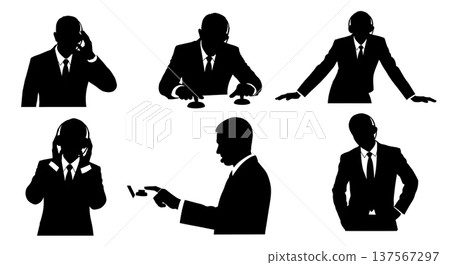Black Solid Call Center Agents Putting Customers on Hold Silhouettes Set of Six on White Background 137567297
