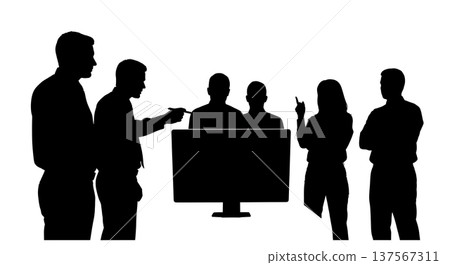 Black Solid Agents Pointing Pen at Screen Silhouettes Set of Six on White Background Black Solid Agents Pointing Pen at Screen Silhouettes Set of Six on White Background 137567311