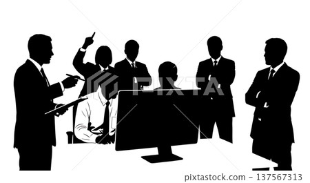 Black Solid Agents Pointing Pen at Screen Silhouettes Set of Six on White Background Black Solid Agents Pointing Pen at Screen Silhouettes Set of Six on White Background 137567313
