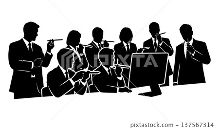 Black Solid Agents Pointing Pen at Screen Silhouettes Set of Six on White Background 137567314