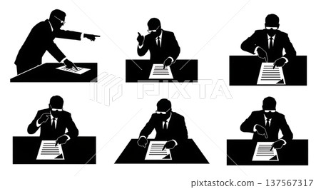 Black Solid Agents Pointing Document Silhouettes Set of Six 137567317
