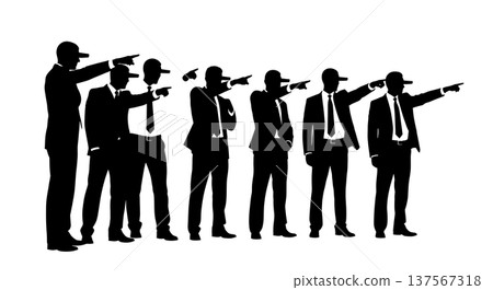 Black Solid Agents Pointing Horizon Silhouettes Set of Six 137567318
