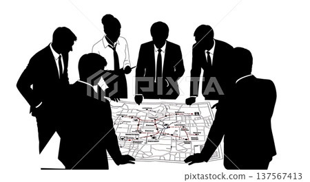 Black Solid Agents Looking Map Silhouettes Set of Six 137567413