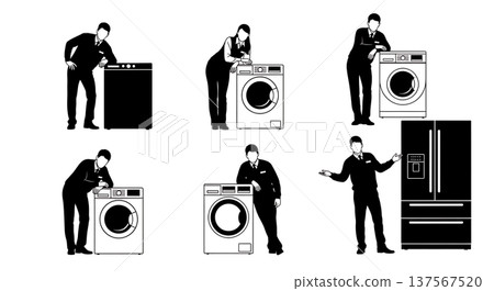 Black Solid Appliance Sales Agents with Fridges Set of Six on White Background Black Solid Appliance Sales Agents with Fridges Set of Six on White Background 137567520