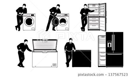 Black Solid Appliance Sales Agents with Fridges Set of Six on White Background Black Solid Appliance Sales Agents with Fridges Set of Six on White Background 137567523