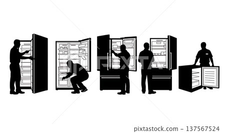 Black Solid Appliance Showroom Clerks with Fridges Set of Six on White Background Black Solid Appliance Showroom Clerks with Fridges Set of Six on White Background 137567524