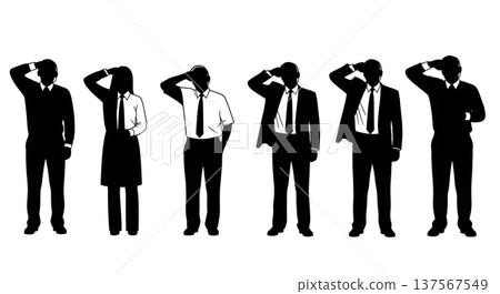 Black Solid Agents Wiping Sweat Silhouettes Set of Six on White Background Black Solid Agents Wiping Sweat Silhouettes Set of Six on White Background 137567549