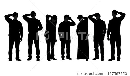 Black Solid Agents Wiping Sweat Silhouettes Set of Six on White Background Black Solid Agents Wiping Sweat Silhouettes Set of Six on White Background 137567550