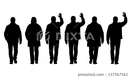 Black Solid Agents Waving Goodbye Silhouettes Set of Six on White Background Black Solid Agents Waving Goodbye Silhouettes Set of Six on White Background 137567562
