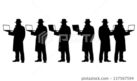 Black Solid Agents Holding Laptop Silhouettes Set of Six 137567594